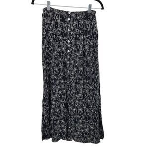 Vintage Maxi Skirt M Black White Floral Rayon Button Front Multiple Slits Made I